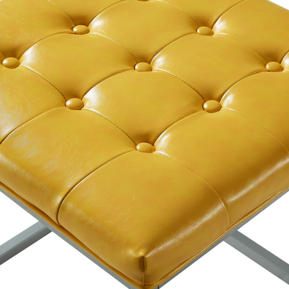 Teresa PU Leather Button Tufted Metal Frame Cube Ottoman, Yellow