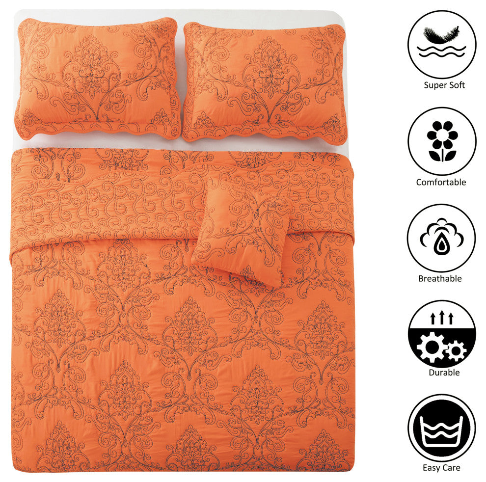 Damask Embroidered Quilted 4 Piece Bed Spread Sets, Nectarine, King