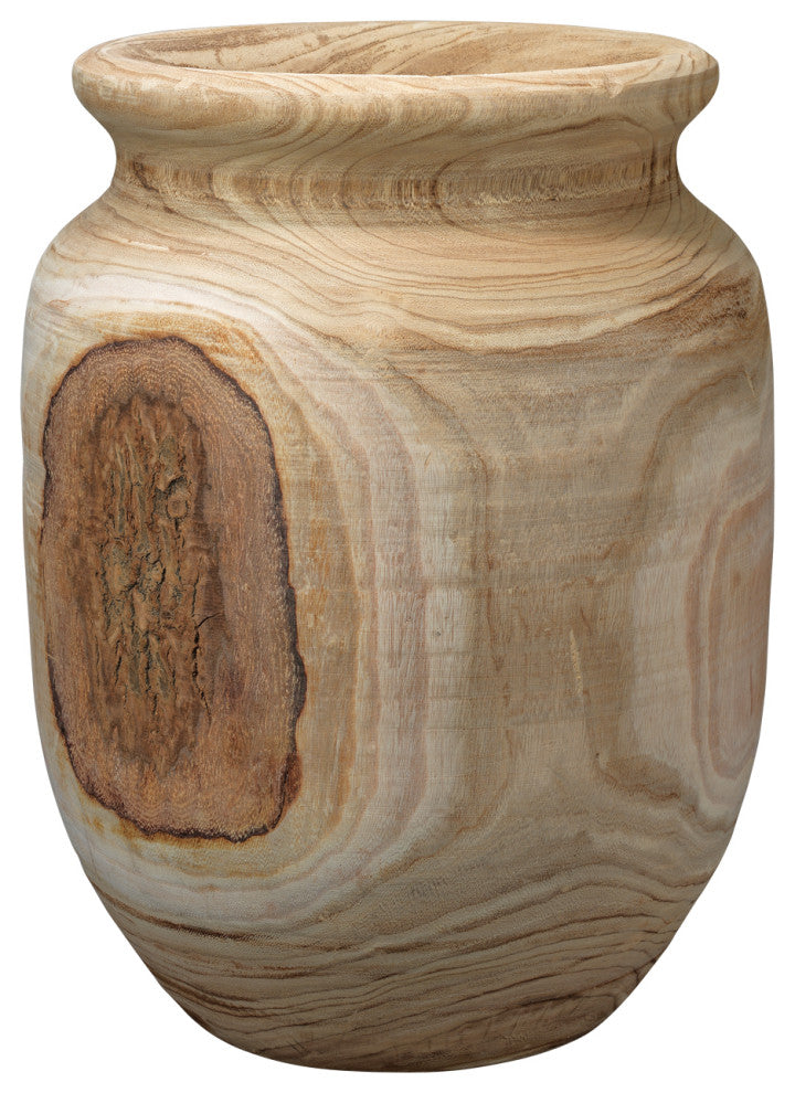 Rustic Oversize 22" Turned Wood Urn Floor Vase Raw Grain Carved Wide Mouth