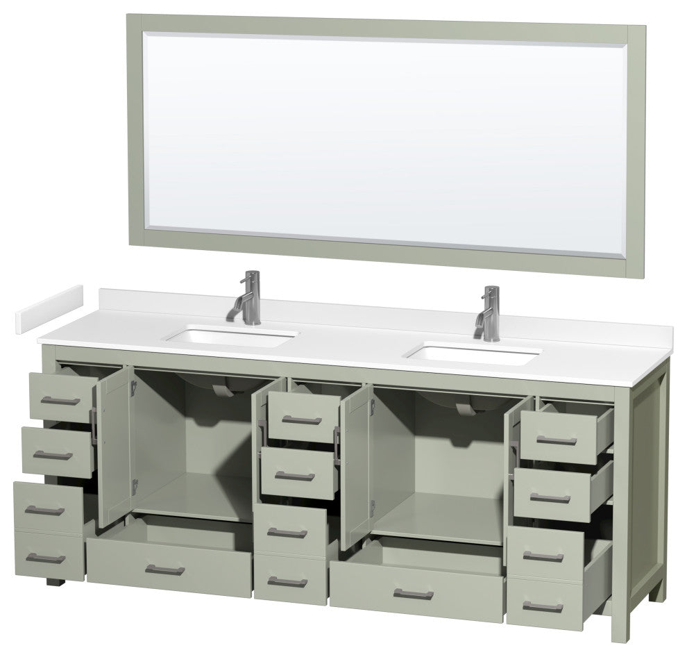 Sheffield 84" Light Green DBL Vanity, White Cult. Marble Top, Sq Sinks, 70" Mrr