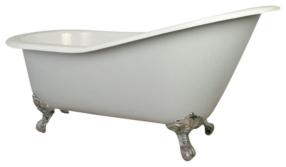 61" Cast Iron Single Slipper Clawfoot Tub w/7" Faucet Drillings, White/Chrome