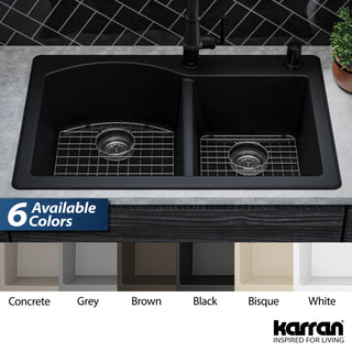 Karran Drop-In Quartz 33" 1-Hole 60/40 Double Bowl Sink Kit, Black