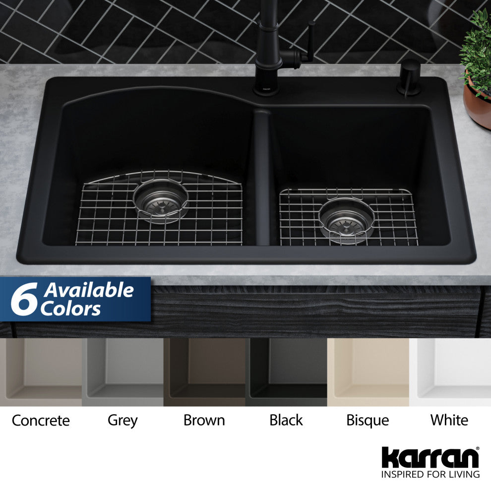 Karran Drop-In Quartz 33" 1-Hole 60/40 Double Bowl Sink Kit, Black