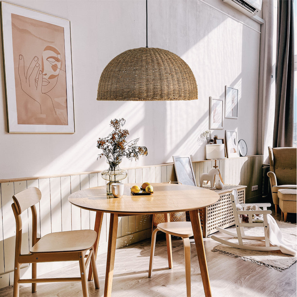 Pourel Transitional 3 Light Natural Matte Black Seagrass Pendant