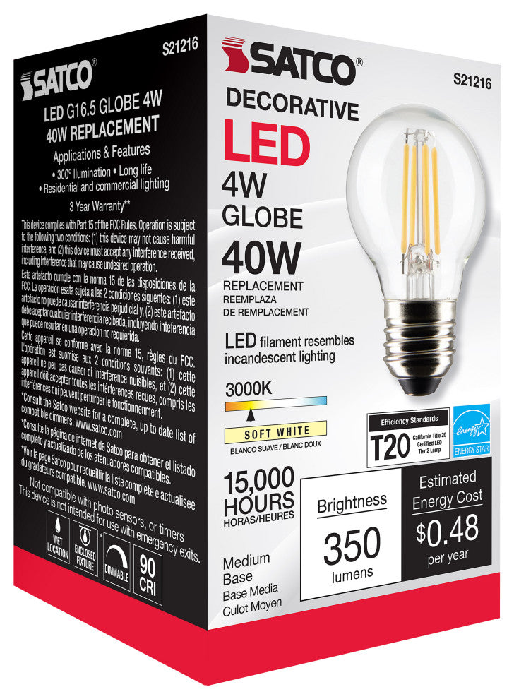 4W G16.5 LED, Clear, Medium Base, 90 CRI, 3000K, 120V