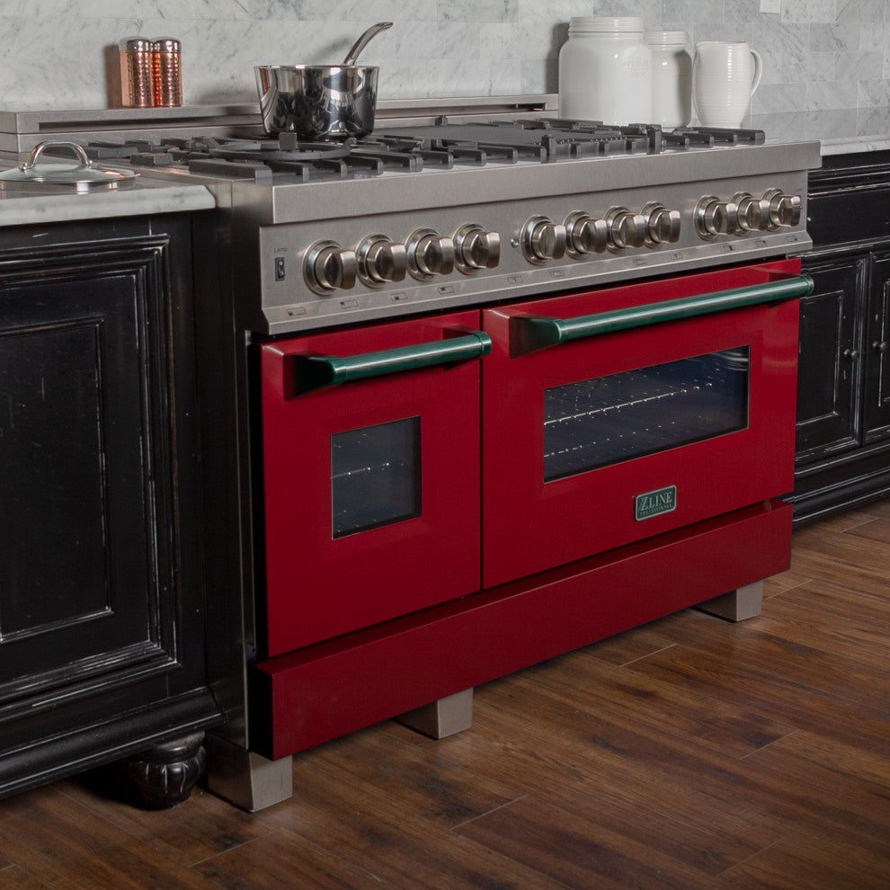 ZLINE 48" Dual Fuel Range, DuraSnow With Red Gloss Door RAS-RG-48
