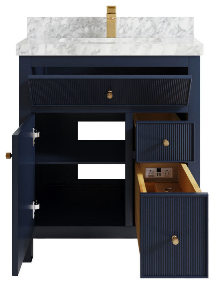 Sonoma 30 Single Sink Reeded Bath Vanity in Hale Navy Blue 2" Carrara Marble