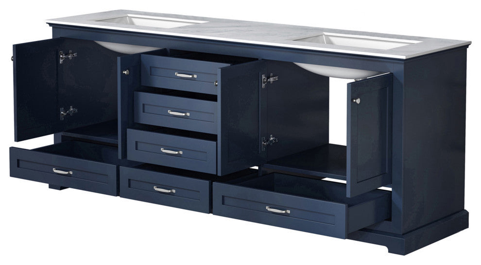 Dukes 80" Vanity, Wht Carrara Marble Top, Wht Sq Sinks & No Mirror, Navy Blue