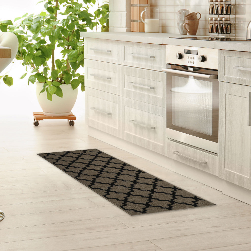 Wool Effect Arabesque, Tan/Black, Kitchen Runner Rug