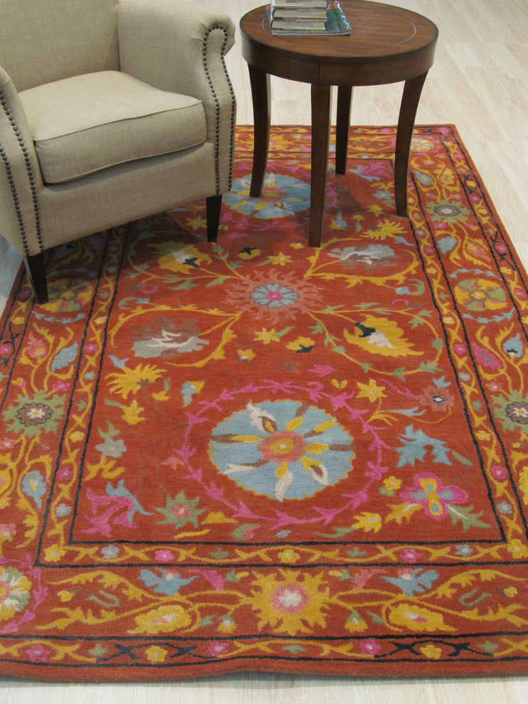 EORC Hand-tufted Wool Rust Traditional Floral Suzani Rug, Rectangular 5'x8'