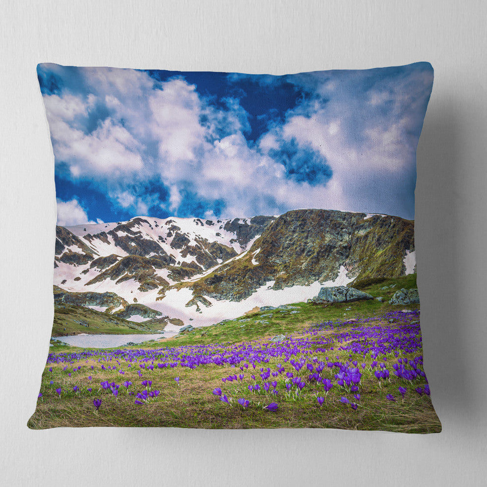 Spring Blooming Crocus Flowers Landscape Printed Throw Pillow, 16"x16"