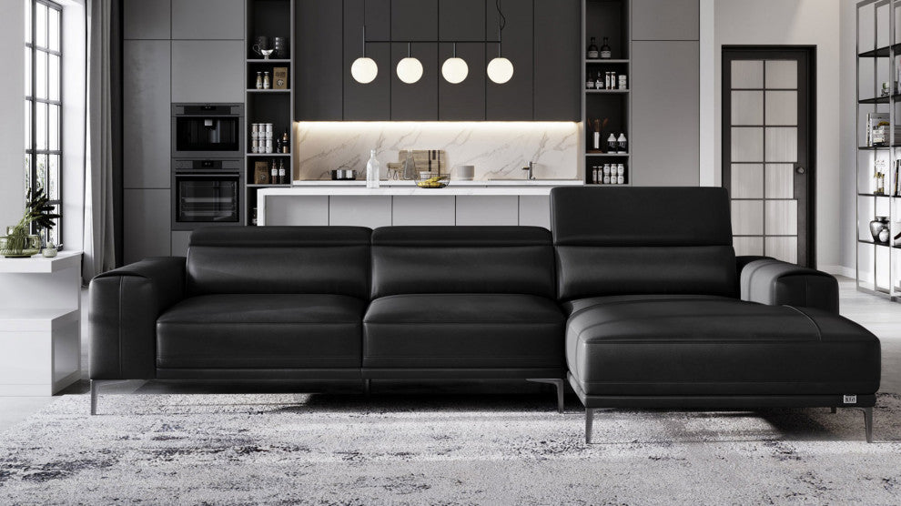 Rousso Black Leather Sectional With Ratcheting Headrests, Right Chaise