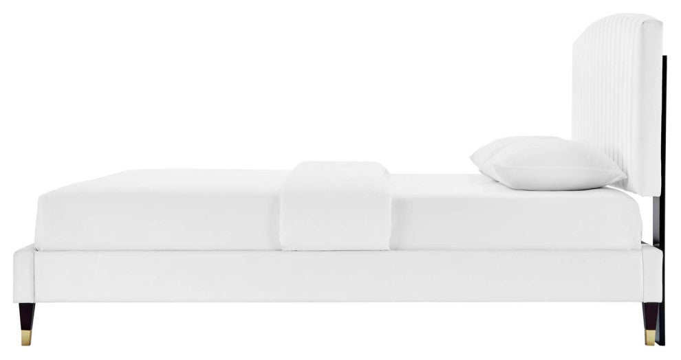 Platform Bed Frame, Queen Size, White, Velvet, Modern, Bedroom Guest Suite