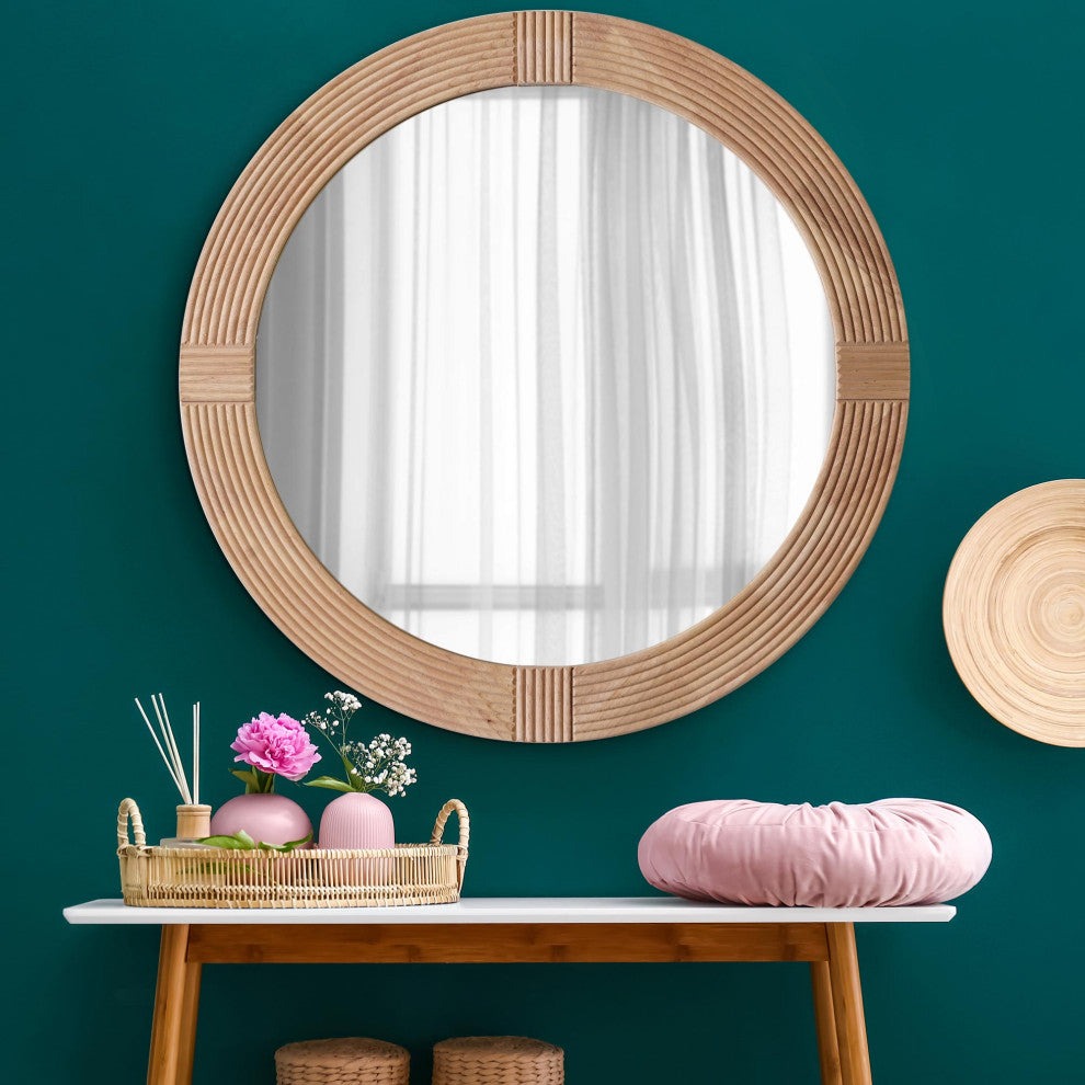 Head West Natural Beige Wood Framed Farmhouse Round Wall Mirror - 31.5" x 31.5"