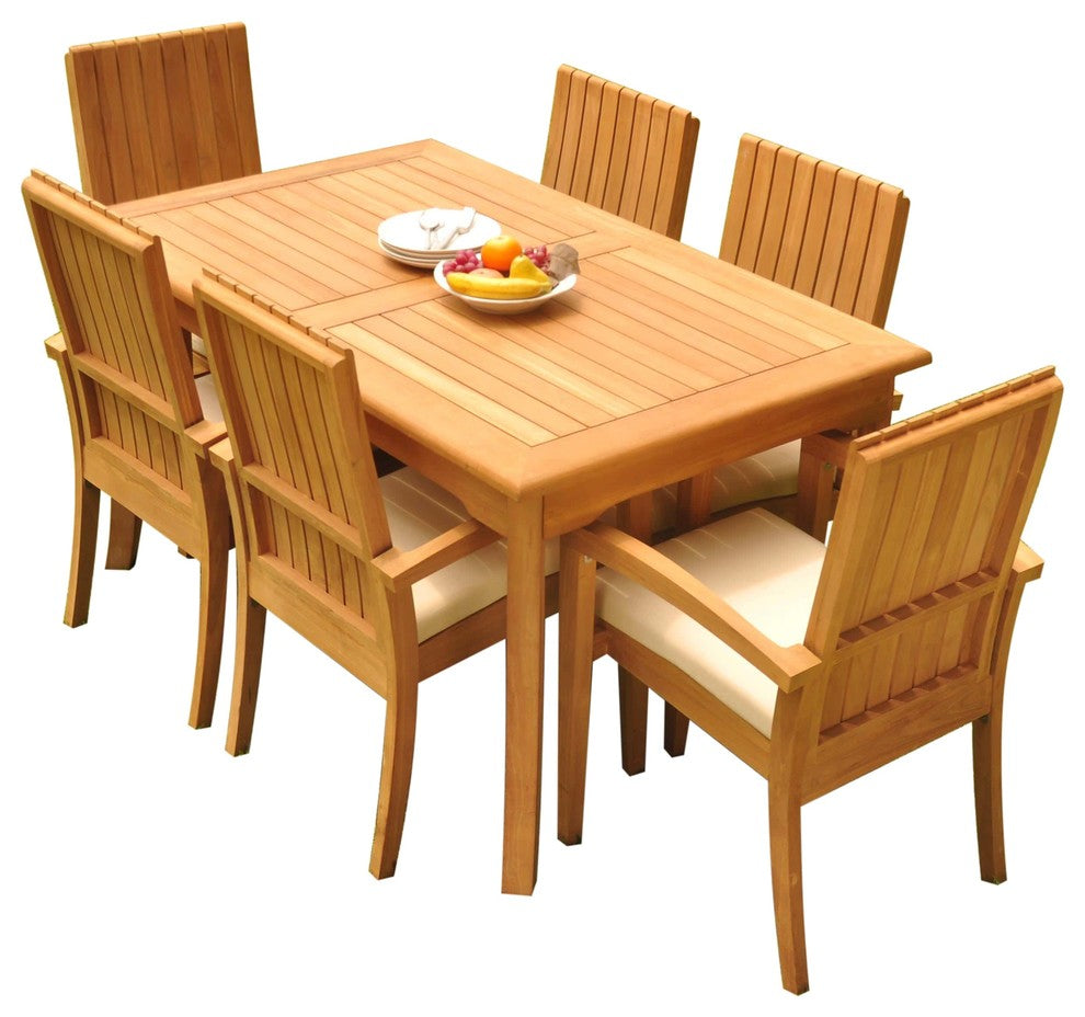 7-Piece Outdoor Teak Dining Set: 71" Rectangle Table, 6 Goa Stacking Arm Chairs