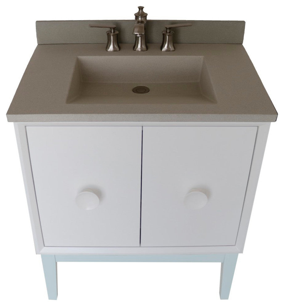 31" Single Vanity, White Finish With White Concrete Top And Rectangle Sink