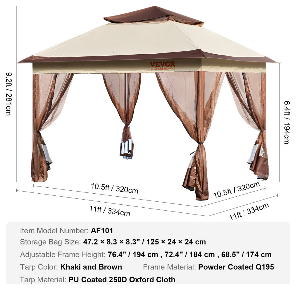 VEVOR Patio Gazebo Pop-up Gazebo Tent 11x11'' for 8-10 Person With Mesh Netting