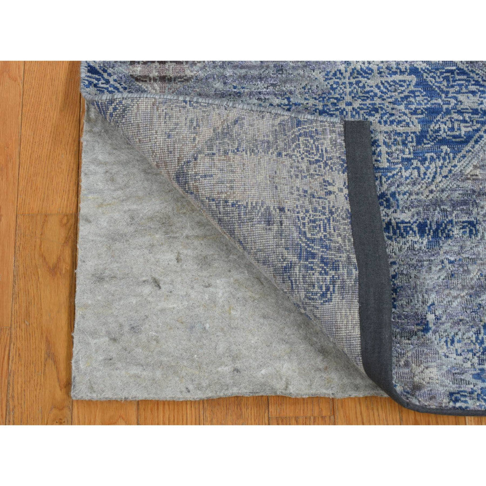 Blue Silk with Wool Erased Rosette Design Hand Knotted Runner Rug 2'6" x 6'
