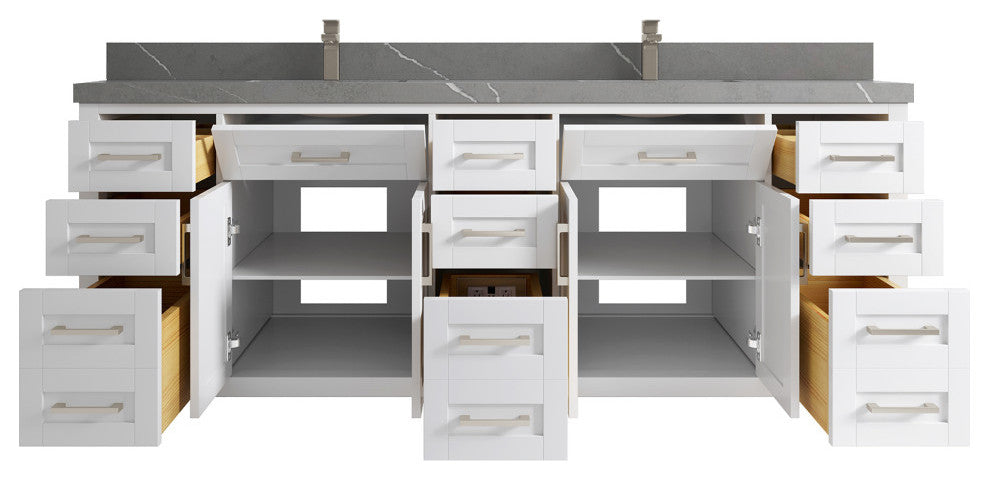 Cambridge 84 Double Sink Bath Vanity in White 2" Piatra Gray