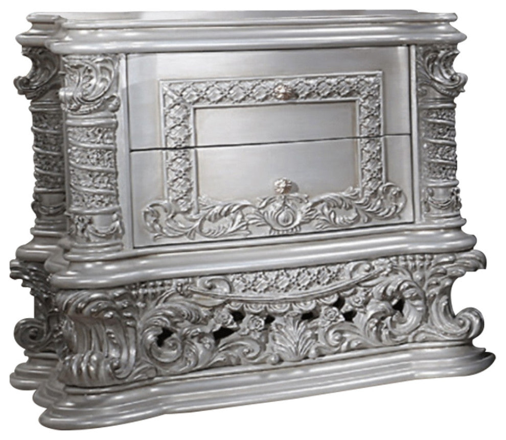 Benzara BM275516 Wood Nightstand, 2 Drawers, Ornate Carving, Gray/Light Gold