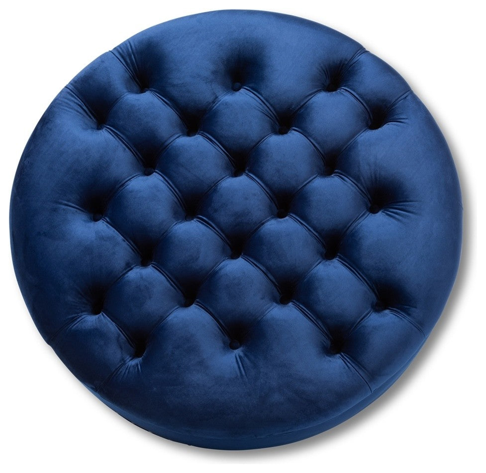 Transitional Blue Velvet Fabric Upholstered Button Tufted Cocktail Ottoman