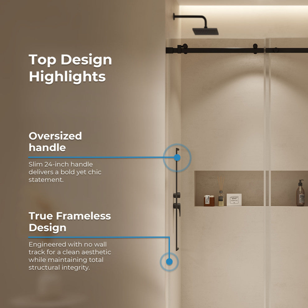 Selby Frameless Sliding Clear Alcove Shower Door, Black, 48"