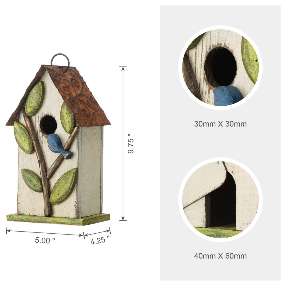 9.75"H Washed White Distressed Solid Wood Birdhouse With 3D Tree and Bird