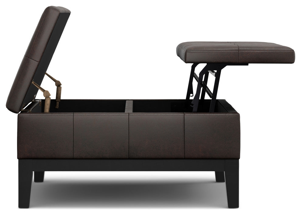 Dover Lift Top Coffee Table Storage Ottoman, Distressed Brown