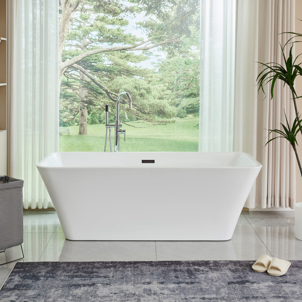 67" Acrylic Freestanding Soaking Bathtub, White/Oil Rubbed Bronze