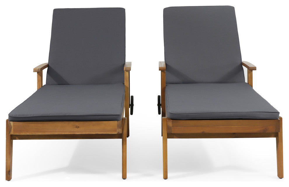 Lucknow Outdoor Acacia Wood Chaise Lounge with Water Resistant Cushion, Set of 2, Dark Grey + Teak
