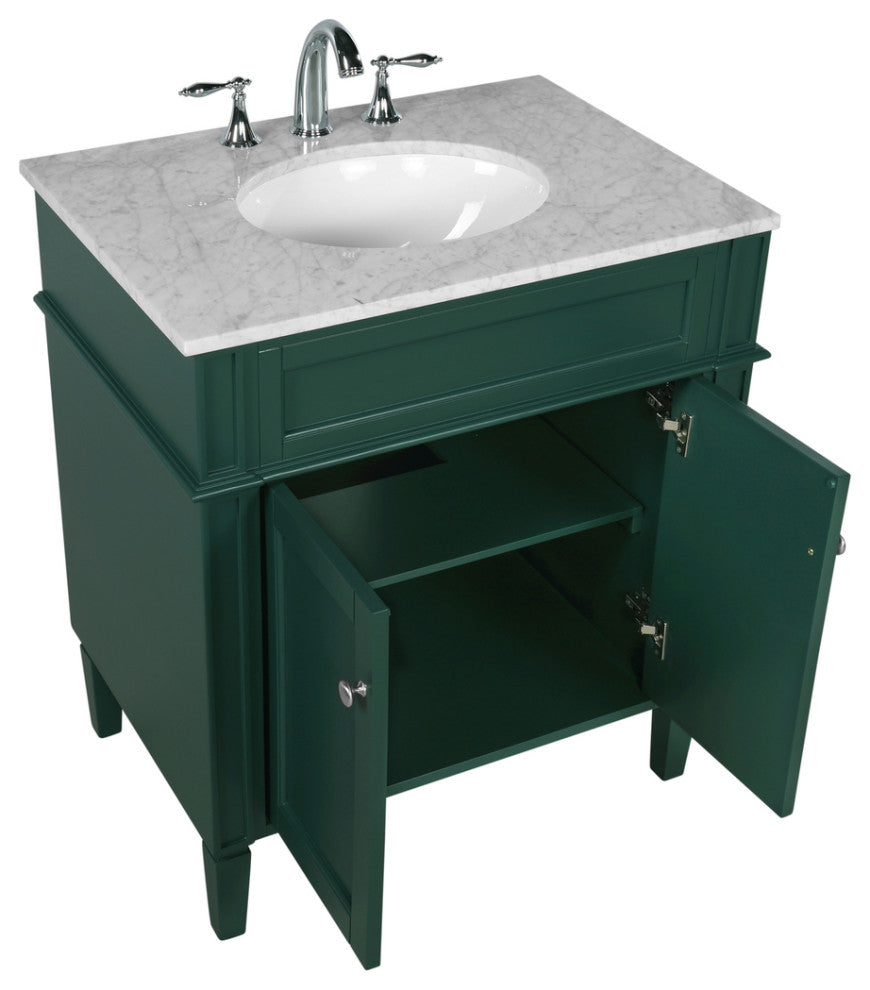 Home Living Vanity with Carrara White Marble Countertop, Green, 30", Single Sink
