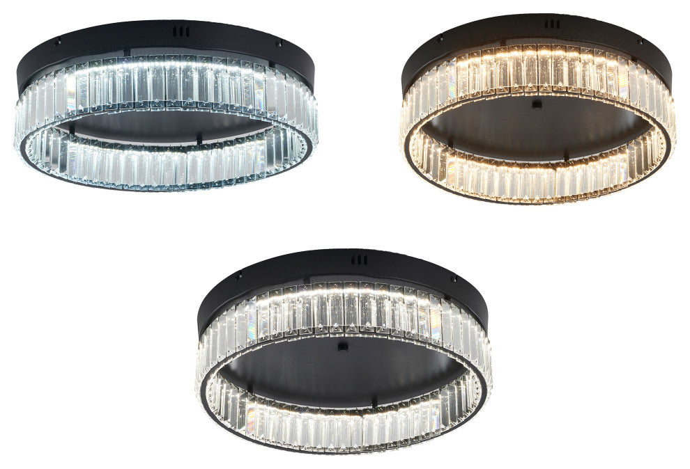 1-Light Black Dimmable LED Flush Mount With Clear Crystals