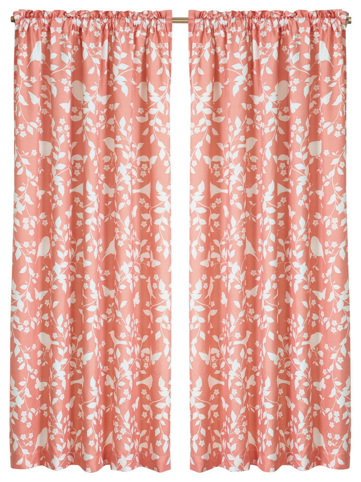Printed Microfiber Birdsong Curtains, Set of 2, Coral