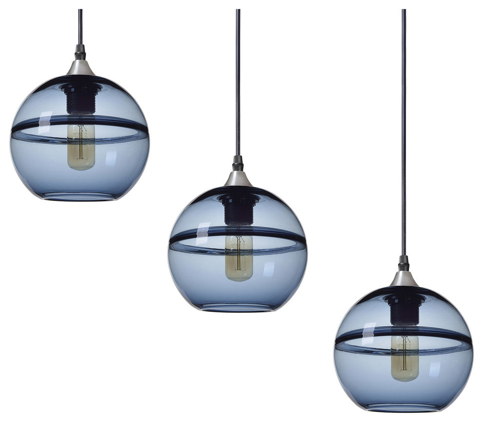 Unique Optic Hand Blown Glass Pendant Lights, Brushed Nickel, Set of 3, Blue