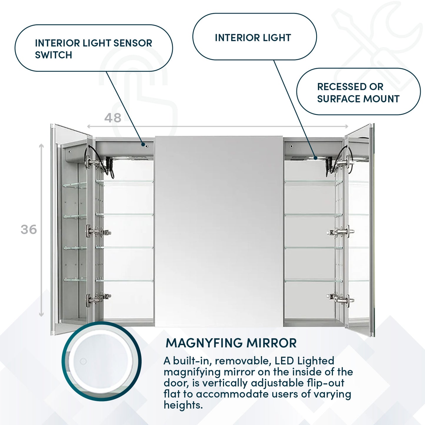 Signature Royale 48" LED Medicine Cabinet Defogger, Adjustable Magnifying Mirror