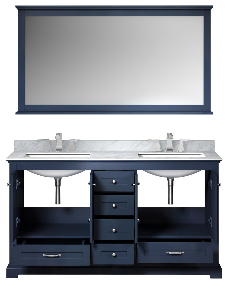 Dukes 60" Navy Blue Double Vanity, White Square Sinks, 58" Mirror With Faucets