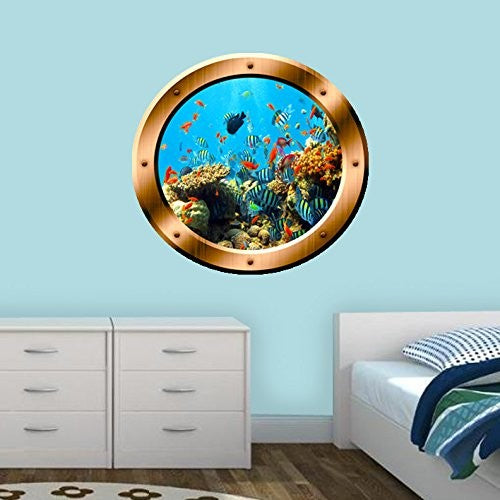 Coral Reef Wall Sticker Porthole Underwater School Of Fish Wall Decal Decor, 14x