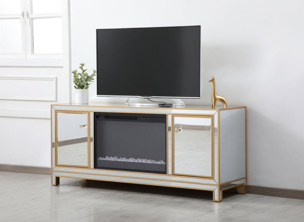 Rosie 60" Mirrored TV Stand With Crystal Fireplace, Gold
