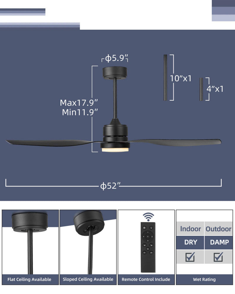 52'' 3 - Blade LED Propeller Ceiling Fan with Remote Control and Light Kit, Matt