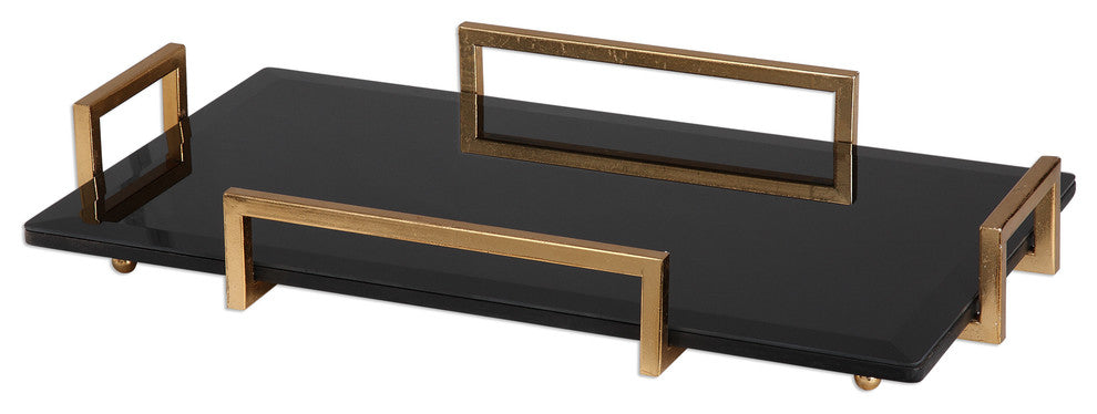 Modern Black Gold Decorative Serving Tray, Mid Century Handles Glass Metal Bar