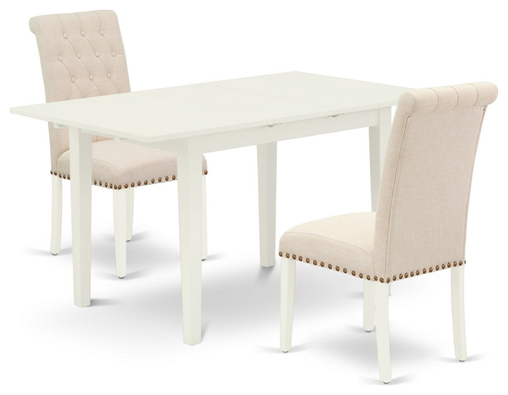3Pc Dinette Set, Nail Head Chairs, Butterfly Leaf Table, Linen White