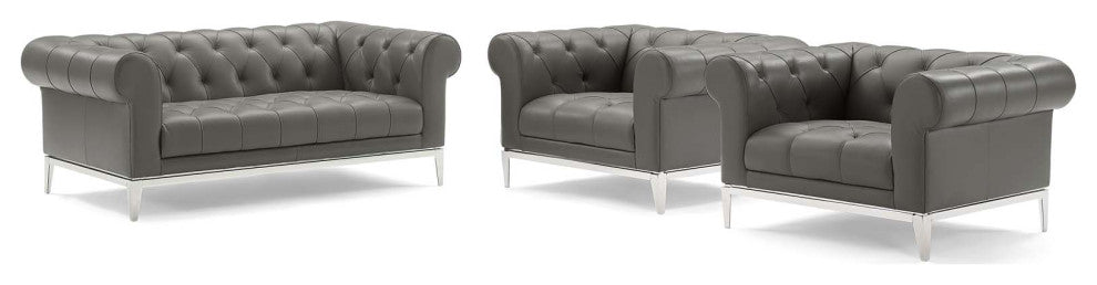 Idyll Tufted Upholstered Leather 3 Piece Set - Gray