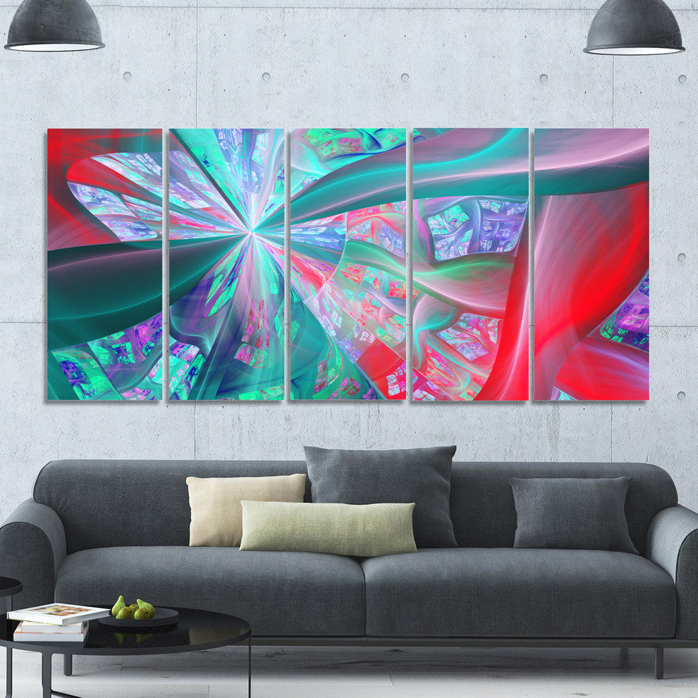 Red Blue Fractal Exotic Plant Stems, Abstract Canvas Print, 60"x28", 5 Panels