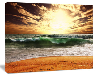 Raging Green Waves At Sunset, Large Seashore Canvas Print, 20"x12"