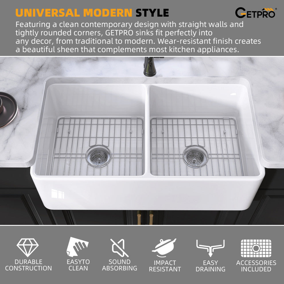 33"X18" Apron Front Double Bowl Fireclay Farmhouse Kitchen Sink with Accessories