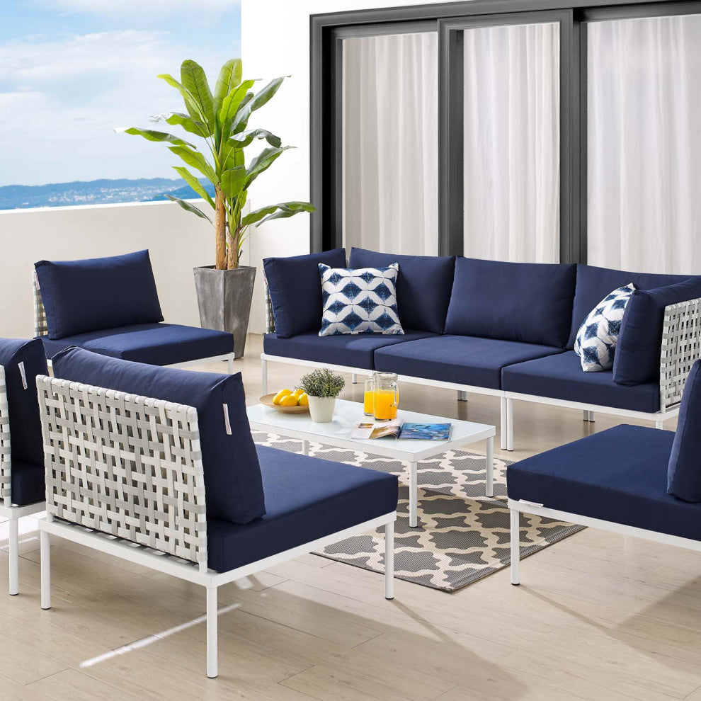 Lounge Sectional Sofa Chair Table Set, Sunbrella, Aluminum, Blue Navy, Outdoor