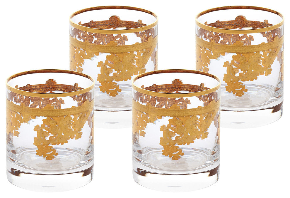 Set of 4 Embellished 24K Gold Crystal Double Old Fashion-Made In Italy
