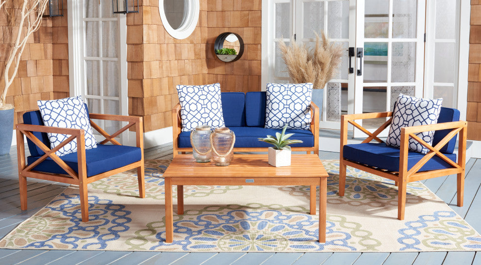 Safavieh Nunzio 4 Piece Indoor-Outdoor Set with Accent Pillows, White/Navy