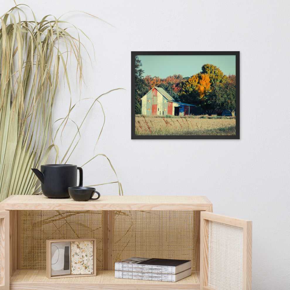 Patriotic Weathered Barn in Field Cross Processed Framed Photo Wall Art Prints, Black, 16" X 20"