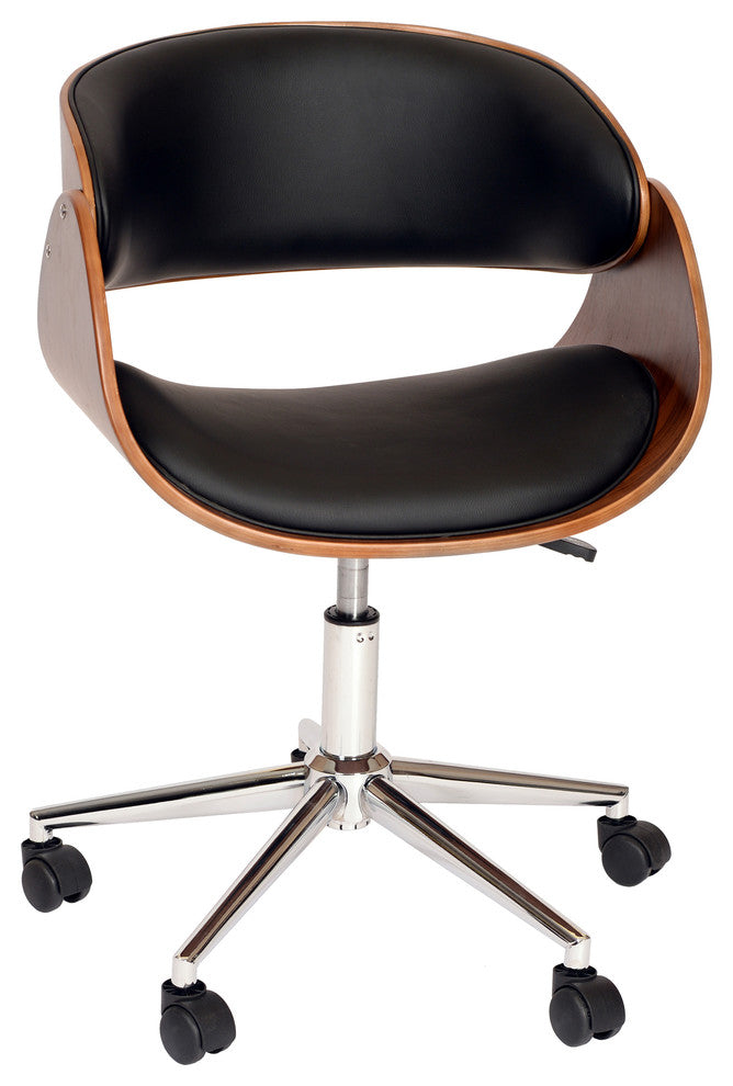 Jibrail Modern Office Chair, Chrome With Black Faux Leather & Walnut Veneer Back